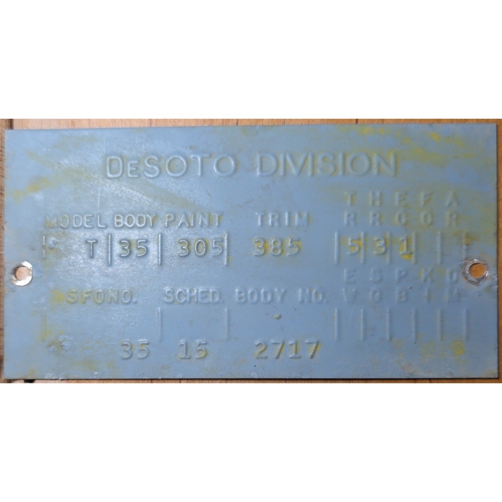 1954 Desoto Division Firedome Data Plate Trim Body Paint Auto Car Part